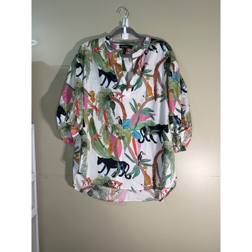 Marc Cain Jungle Safari Print Cotton Blouse White Panther Monkey UA51.10W60 N6